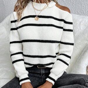 White Boho Womens Striped Pattern Cold Shoulder Sweater